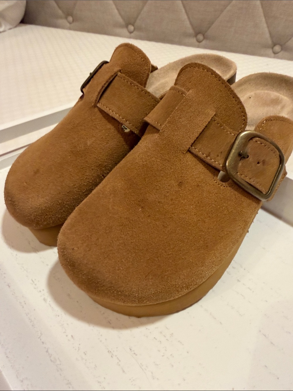 Women's Suede Buckle Platform Clog in Brown - Picture 4 of 6